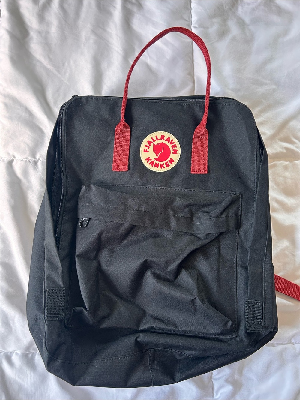 Fjallraven Kanken Black Backpack with Red Handles and Logo